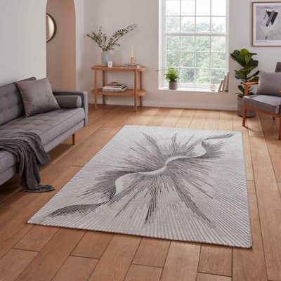 Beige Silver Abstract 8mm Pile Stain-Resistant Rug for Bedroom, Dining Room, Easy to Clean Modern Rug-120cm X 170cm