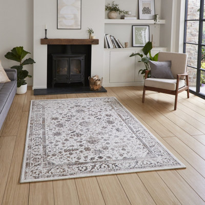 Beige Silver Abstract Bordered 8mm Pile Rug for Bedroom, & Dining Room, Easy to Clean Traditional Rug-120cm X 170cm