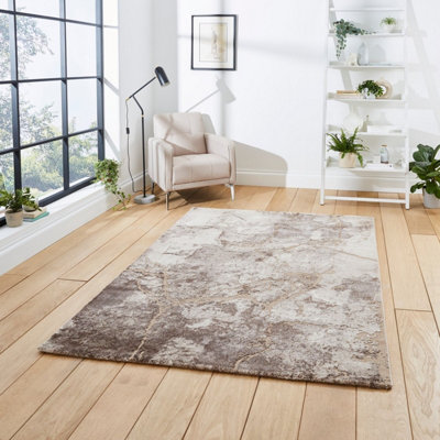 Beige/Silver Abstract Modern Easy To Clean Rug For Living Room Bedroom & Dining Room-120cm X 170cm