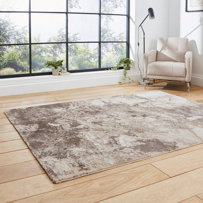 Beige/Silver Abstract Modern Easy To Clean Rug For Living Room Bedroom & Dining Room-120cm X 170cm
