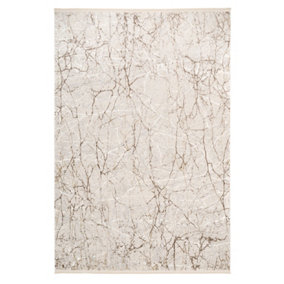 Beige Tonal Super Soft Distressed Abstract Fringed Area Rug 120x170cm