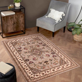 Beige Traditional Bordered Floral Easy to clean Rug for Dining Room Bed Room and Living Room-120cm X 170cm