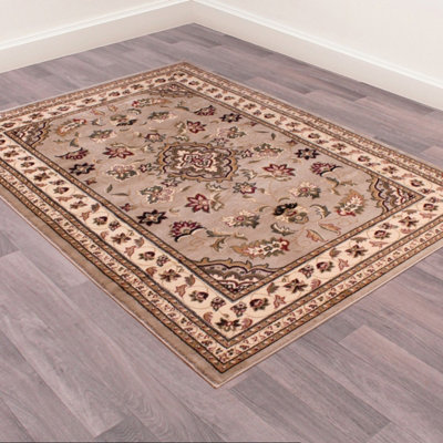 Beige Traditional Bordered Floral Easy to clean Rug for Dining Room Bed Room and Living Room-120cm X 170cm