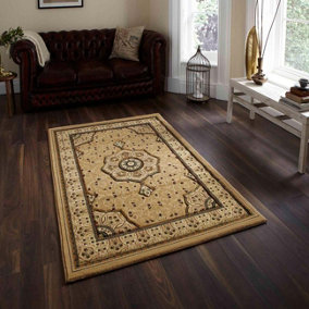 Beige Traditional Easy to Clean Bordered Floral Rug For Dining Room-120cm X 170cm