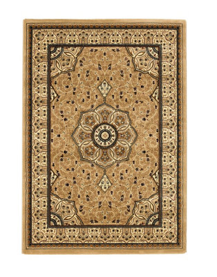 Beige Traditional Easy to Clean Bordered Floral Rug For Dining Room-120cm X 170cm