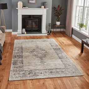 Beige Traditional Luxurious Easy To Clean Bordered Floral Soft Dining Room Rug-120cm X 170cm