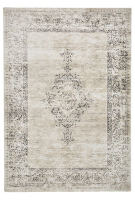 Beige Traditional Luxurious Easy To Clean Bordered Floral Soft Dining Room Rug-120cm X 170cm