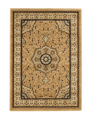 Beige Traditional Rug, Bordered Floral Rug, Stain-Resistant Luxurious Rug for Bedroom, & DiningRoom-120cm X 170cm