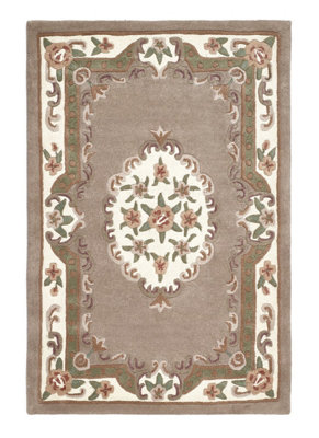 Beige Traditional Wool Rug, 25mm Thick Floral Handmade Rug, Beige Rug for Living Room, & Dining Room-120cm (Circle)