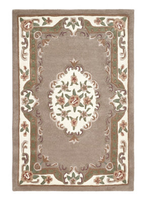 Beige Traditional Wool Rug, 25mm Thick Floral Handmade Rug, Beige Rug for Living Room, & Dining Room-150cm X 240cm