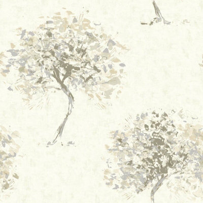 Beige Tree Wallpaper Hand Painted Effect Silver Metallic Shimmer Beacon Fell