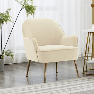 Beige Velvet Armchair Upholstered Accent Chair Lounge Chair Arm Chair with Gold Plated Feet