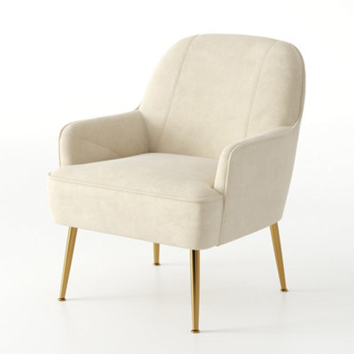 Beige Velvet Armchair Upholstered Accent Chair Lounge Chair Arm Chair with Gold Plated Feet