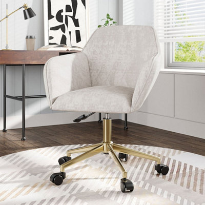 Beige Velvet Fabric Upholstered Desk Chair Swivel Task Chair with Gold Base