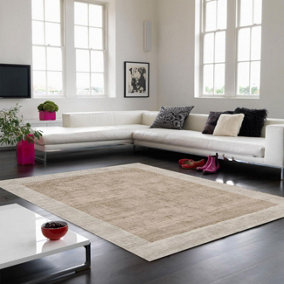 Beige Viscose Easy to clean Bordered Luxurious , Modern Rug for Living Room, Bedroom - 160 X 160 (Square)