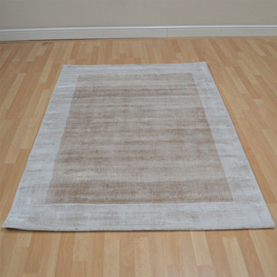 Beige Viscose Easy to clean Bordered Luxurious , Modern Rug for Living Room, Bedroom - 160 X 160 (Square)