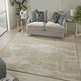 Beige Wool Abstract Luxurious Modern Easy to Clean Abstract Dining Room Bedroom and Living Room Rug -244cm X 305cm