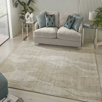 Beige Wool Abstract Luxurious Modern Easy to Clean Abstract Dining Room Bedroom and Living Room Rug -274cm X 366cm