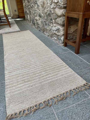 BEKAL Rug Flat Weave Beige Striped Designand - Cotton - L70 x W200