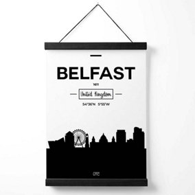 Belfast Black and White City Skyline Medium Poster with Black Hanger