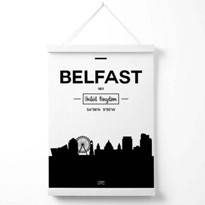 Belfast Black and White City Skyline Poster with Hanger / 33cm / White ...