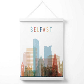 Belfast Colourful City Skyline Poster with Hanger / 33cm / White