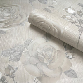Belgravia Amara Rose  Floral Heavyweight Textured Vinyl Wallpaper Grey 7365