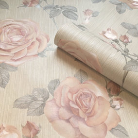 Belgravia Amara Rose  Floral Heavyweight Textured Vinyl Wallpaper Pink 7364