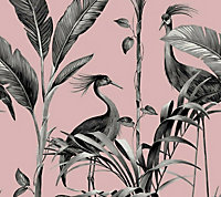 Belgravia Azzura Leaf Blush Pink Metallic Silver Tropical Birds Leaf Wallpaper