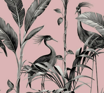 Belgravia Azzura Leaf Blush Pink Metallic Silver Tropical Birds Leaf Wallpaper