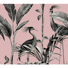 Belgravia Azzura Leaf Blush Pink Metallic Silver Tropical Birds Leaf Wallpaper