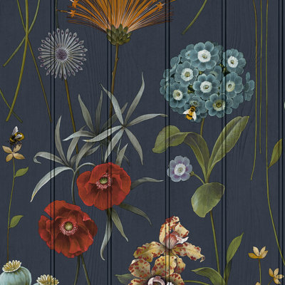 Belgravia Botanist Floral Leaves Honey Bee  Wood Panel 3D Effect Navy Wallpaper 4771