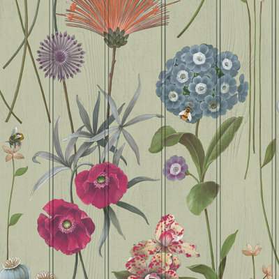 Belgravia Botanist Floral Wallpaper Flower, Leaves, Honey Bee - Wood Panel 3D Effect Sage Green Wallpaper 4773