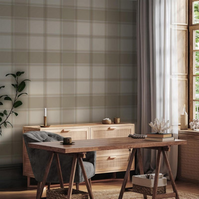 Belgravia Bramble Check Beige Wallpaper Fabric Effect Modern Feature Wall, Office, Home Beige Wallpaper - 2304