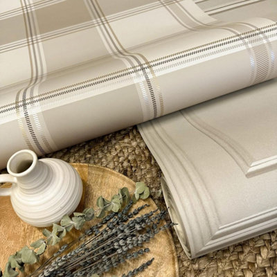 Belgravia Bramble Check Beige Wallpaper Fabric Effect Modern Feature Wall, Office, Home Beige Wallpaper - 2304