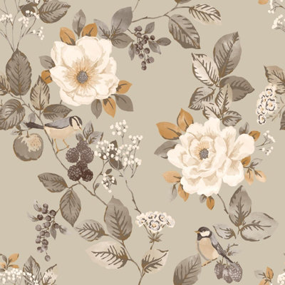 Belgravia Bramble Floral Beige Wallpaper Birds Leaves Flowers Feature Wall