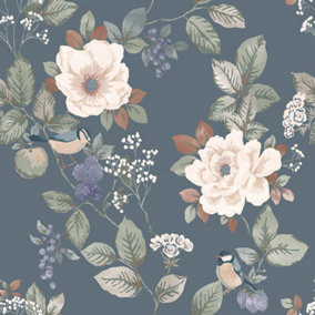 Belgravia Bramble Floral Blue Wallpaper Birds Leaves Flowers Feature Wall
