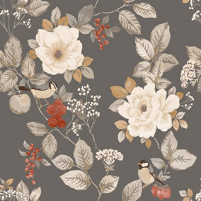 Belgravia Bramble Floral Charcoal Wallpaper Birds Leaves Flowers Feature Wall