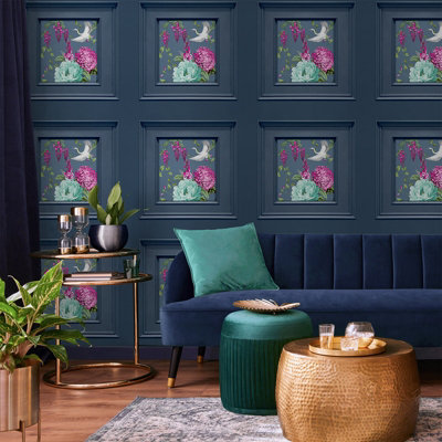 Belgravia Corinthia Wood Panel Wallpaper Blue 244