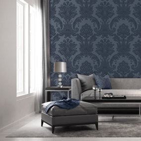 Belgravia Décor Amara Damask Dark Blue Textured Wallpaper