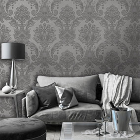 Belgravia Décor Amara Damask Grey Textured Wallpaper