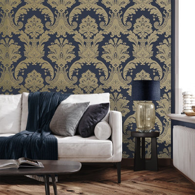 Belgravia Décor Amara Damask Navy Textured Wallpaper DIY at B&Q