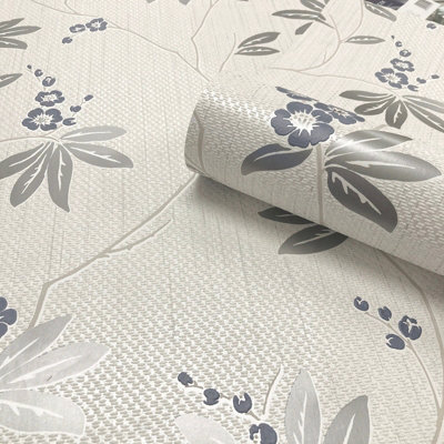 Belgravia Décor Amelie Blossom White/Navy Wallpaper DIY at B&Q