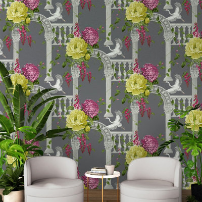 Belgravia Décor Corinthia Archway Birds Dark Grey Smooth Wallpaper