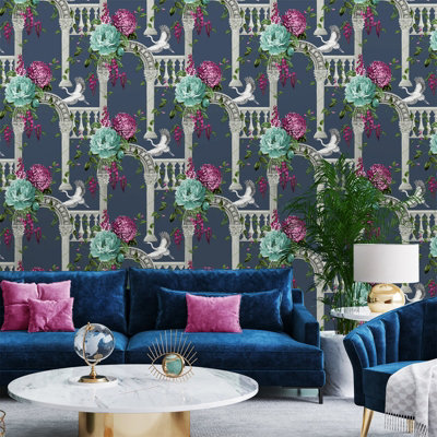 Belgravia Décor Corinthia Archway Birds Navy Smooth Wallpaper