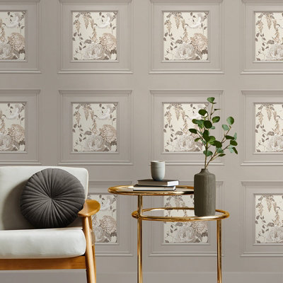 Belgravia Décor Corinthia Panel Birds Cream Metallic Smooth Wallpaper