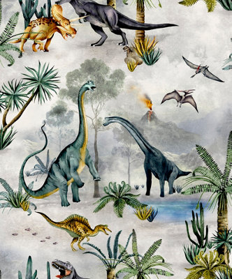 Belgravia Décor Dinosaur Kingdom Grey Smooth Wallpaper