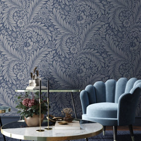 Belgravia Décor Florence All Over Leaf Blue Smooth Wallpaper