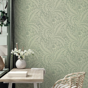 Belgravia Décor Florence All Over Leaf Green Smooth Wallpaper