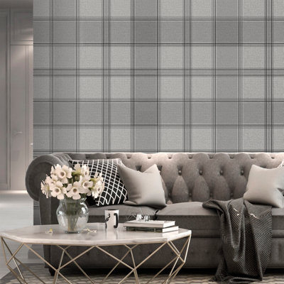 Belgravia Décor Giorgio Check Geometric Dark Silver Textured Wallpaper